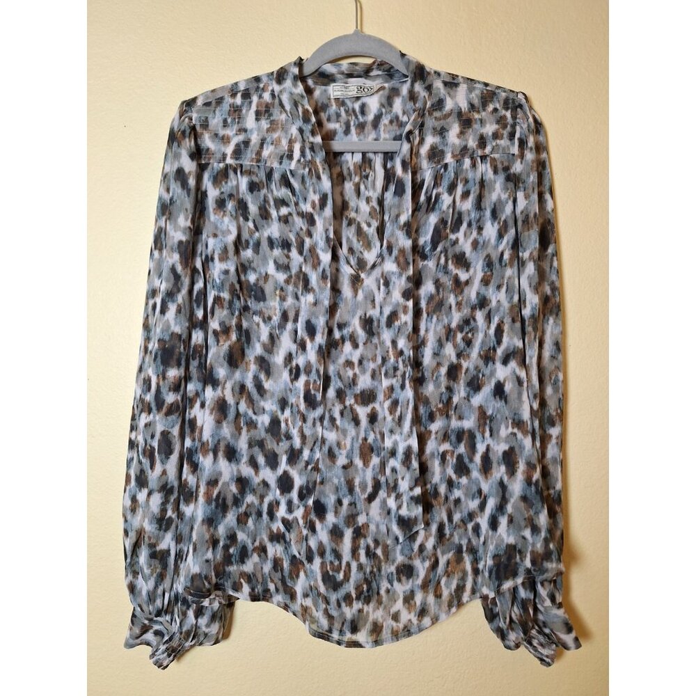 Go By GoSilk Brown & Blue Leopard Print V-Neck Blouse Retro Office Business‎